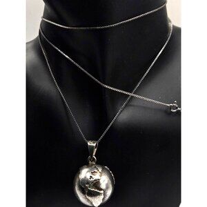 VTG Sterling Signed Italy Globe World CHIME Ball Pendant with 31" sterling Chain